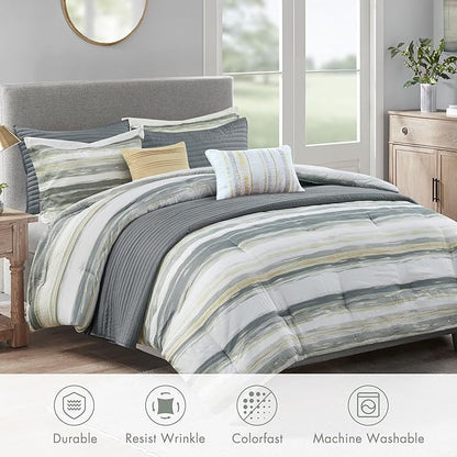 Madison Park Marina Comforter Quilt Combo Set - Modern Luxury Design, All Season Down Alternative Bedding, Matching Shams, Decorative Pillows, King/Cal King(104"x92"), Yellow 8 Piece