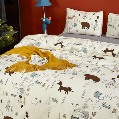 CLOTHKNOW Kids Twin Comforter Set Yellow Animal Bedding Comforter Sets Soft Cartoon Comforter Fox Rabbit Beige Bedding with 2 x Pillow Cases