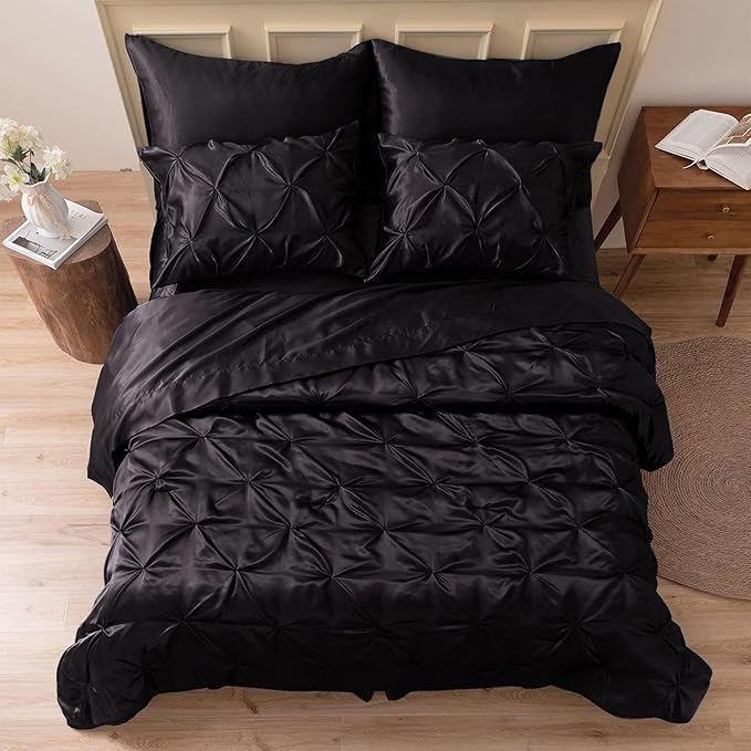 MR&HM Satin Comforter Set Oversized Queen, 7 Piece Bed in a Bag, Silky Soft All Season Bed Set, Luxury Pinch Pleat Bedding Set with Comforter, Sheets, Pillowcases & Shams, Black