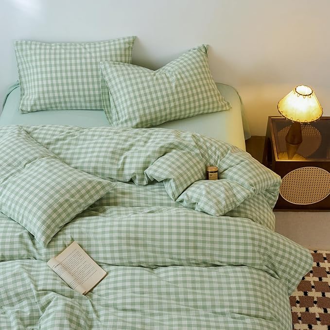 LifeTB Green Gingham Duvet Cover Twin XL 3 Pieces Green Grid Duvet Cover 100% Washed Cotton Plaid Checkered Comforter Cover with 2 Pillowcases Breathable Farmhouse Plaid Gingham Bedding Set Twin XL