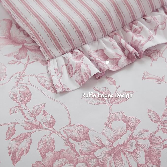 Madison Park Essentials Adele Pink Floral Queen Size Comforter Set – Vintage Bed in a Bag with Sheets, Reversible Ruffle Bedding, Elegant Gift for Her