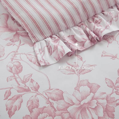 Madison Park Essentials Adele Pink Floral King Size Comforter Set – Vintage Bed in a Bag with Sheets, Reversible Ruffle Bedding, Elegant Gift for Her