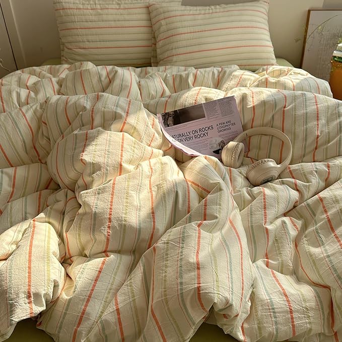 EAVD Vintage Colorful Striped Comforter Set Queen Soft Cotton 3-Piece Retro Vertical Striped Bedding Set with 2 Pillowcases Boho Geometric Comforter Set for All-Season(Orange&Yellow&Green, Queen)