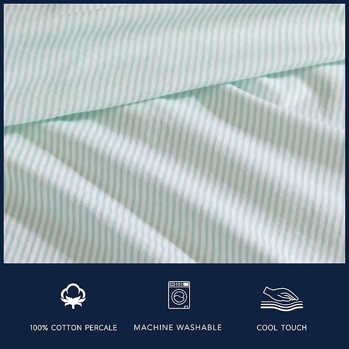 Nautica - Full Sheet Set, Cotton Percale Bedding Set, Crisp & Cool, Lightweight & Breathable (Penny Pinstripe White, Full)