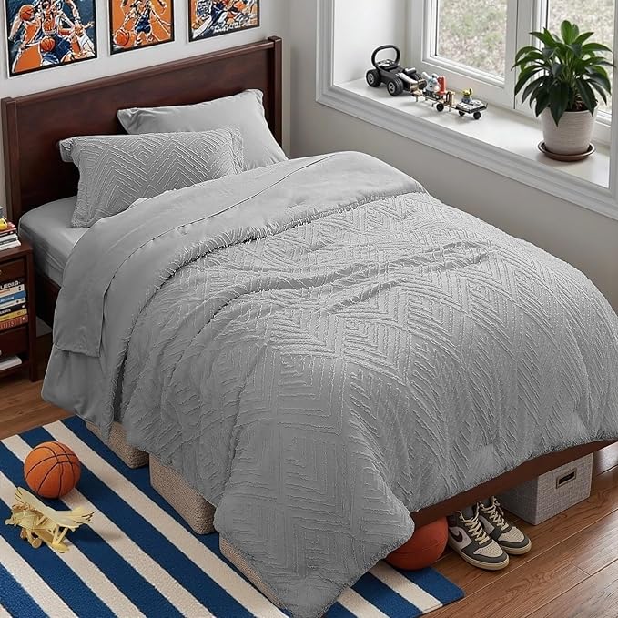 Zzlpp Twin Comforter Set 5 Pieces, Light Grey Tufted Bed in a Bag with Comforter and Sheets, All Season Boho Bedding Sets with 1 Comforter, 1 Pillow Sham, 1 Pillowcase, 1 Flat Sheet, 1 Fitted Sheet
