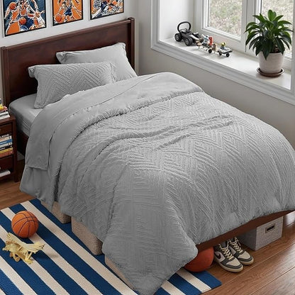 Zzlpp Twin Comforter Set 5 Pieces, Light Grey Tufted Bed in a Bag with Comforter and Sheets, All Season Boho Bedding Sets with 1 Comforter, 1 Pillow Sham, 1 Pillowcase, 1 Flat Sheet, 1 Fitted Sheet
