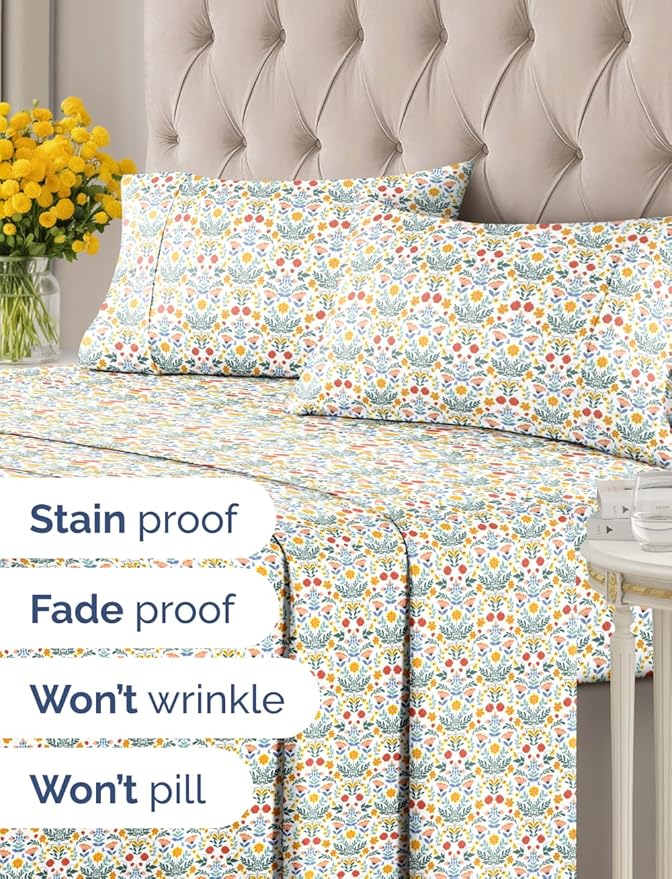 Floral Sheets - Flower Print Bed Sheet Set - 1 Flat, 1 Fitted & 2 Pillowcases w/ Deep Pockets - Comfy, Cozy, Wrinkle & Fade Free - Boho Botanical Bedding - Soft, Breathable & Cooling - Queen Size Set