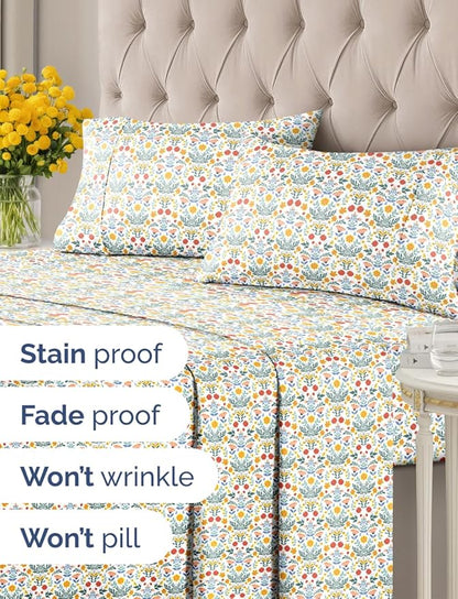 Floral Sheets - Flower Print Bed Sheet Set - 1 Flat, 1 Fitted & 2 Pillowcases w/ Deep Pockets - Comfy, Cozy, Wrinkle & Fade Free - Boho Botanical Bedding - Soft, Breathable & Cooling - Full Size Set