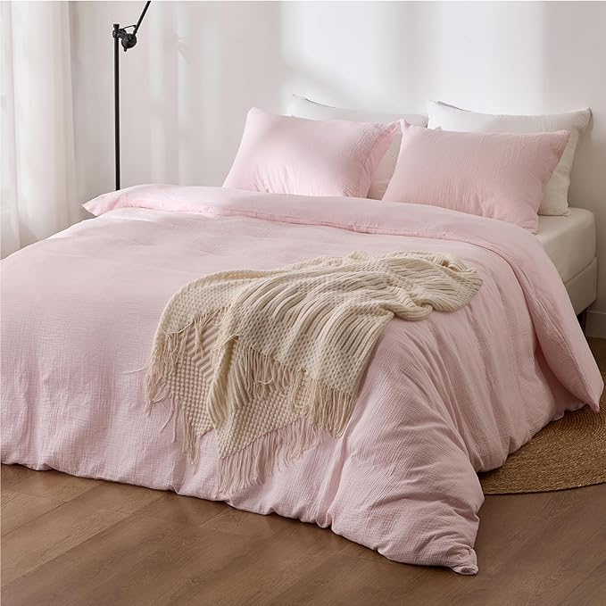 Pink Duvet Cover Queen Size, 100% Sandwashed Cotton Soft Queen Duvet Cover Set 3 Pieces with Zipper Clousre & Corner Buttons (Pink, Queen 90 x 90)