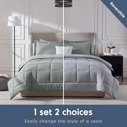 Nestl 7 Piece Queen Comforter Set – Sage Green Reversible Bed in a Bag – Complete Queen Size Bedding Set with Sheets, Pillowcases and Shams