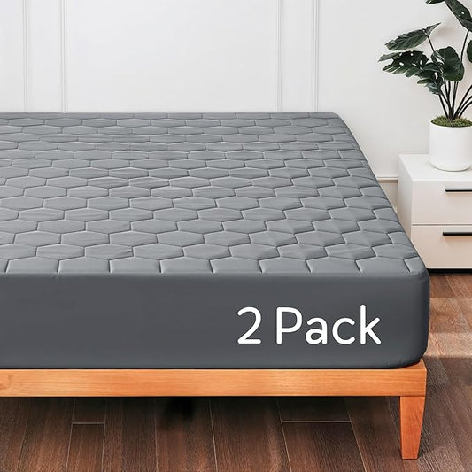 Hearth & Harbor 2 Pack Twin XL Size Quilted Fitted Mattress Pad Cover, 100% Waterproof Mattress Protectors, College Dorm Room Essentials, Deep Pocket Fitted Mattress Cover 8" - 21", Gray