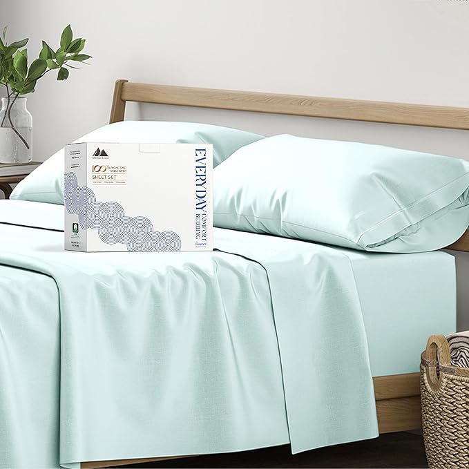 Mayfair Linen 100% Organic Cotton Sheets Twin XL Size - 3 PC Organic Cotton Percale Sheets Twin XL Set (Sea Foam), Soft, Crisp, Cooling Bedsheets, 16" Deep Pocket Hotel Bedding - GOTS Certified