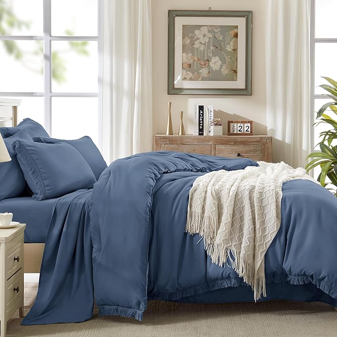 Andency Queen Comforter Set with Sheets Bluish Grey - 7 Pieces Boho Tassel Bed in a Bag Soft Lightweight Bedding Sets, Fringe Bed Set with Comforter, Sheets, Pillowcases & Shams