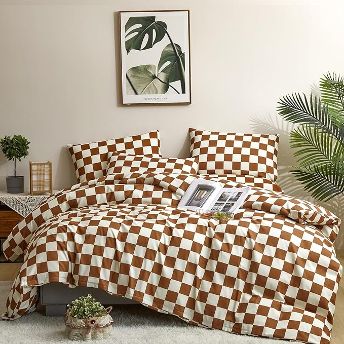 Houseri Brown Plaid Comforter Set Twin Size White and Camel Grid Bedding Comforters Twin Boys Girls Kids Modern Pumpkin Checkerboard Dorm Bed Comforter Preppy Buffalo Checkered Twin Comforter Sets
