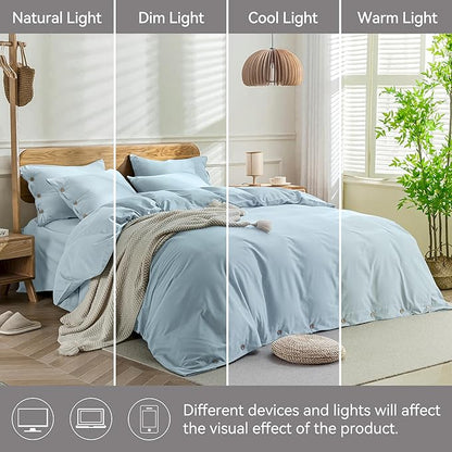 JELLYMONI Cotton Duvet Cover Queen Size - Light Blue Comforter Cover with Button 100% Washed Cotton 3PCS Breathable Soft Solid Bedding Set Duvet Cover 90×90in & 2 Pillowcases (NO Comforter)