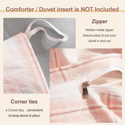 EAVD Pink Grey Grid Plaid Duvet Cover Queen Washed Cotton Bedding Set 3 Pieces Modern Farmhouse Gingham Duvet Cover with 2 Pillowcases Reversible Grid Checkered Bedding Set with Zipper Closure