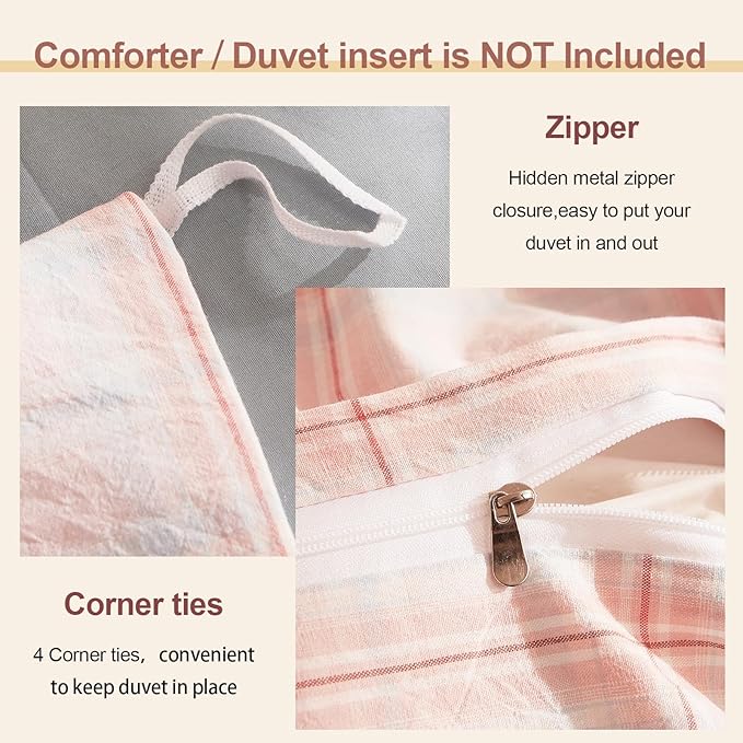 EAVD Pink Grey Grid Plaid Duvet Cover Twin Washed Cotton Bedding Set 3 Pieces Modern Farmhouse Gingham Duvet Cover with 2 Pillowcases Reversible Grid Checkered Bedding Set with Zipper Closure