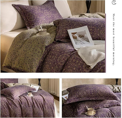 VM VOUGEMARKET Jacquard Flower Duvet Cover Twin,Purple Green Floral Duvet Cover Set Yarn-Dyed Cotton Boho Medallion Bedding Set,Retro Reversible Duvet Cover with Zipper Ties
