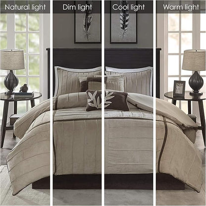 Madison Park Cozy Comforter Set Casual Blocks Design All Season, Matching Bed Skirt, Decorative Pillows, Cal King(104"x92"), Dune Suede, Beige Brown, 7 Piece