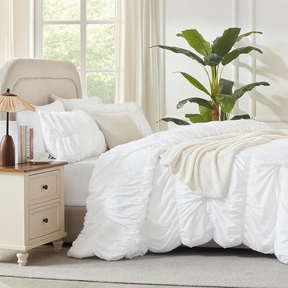 Andency Ruched White Twin Size Comforter Sets, Shabby Chic Pleated Bedding Sets 2 Pieces, Lightweight Soft Boho Ruffle Bed Set for Girls, Kids, Women, All Season