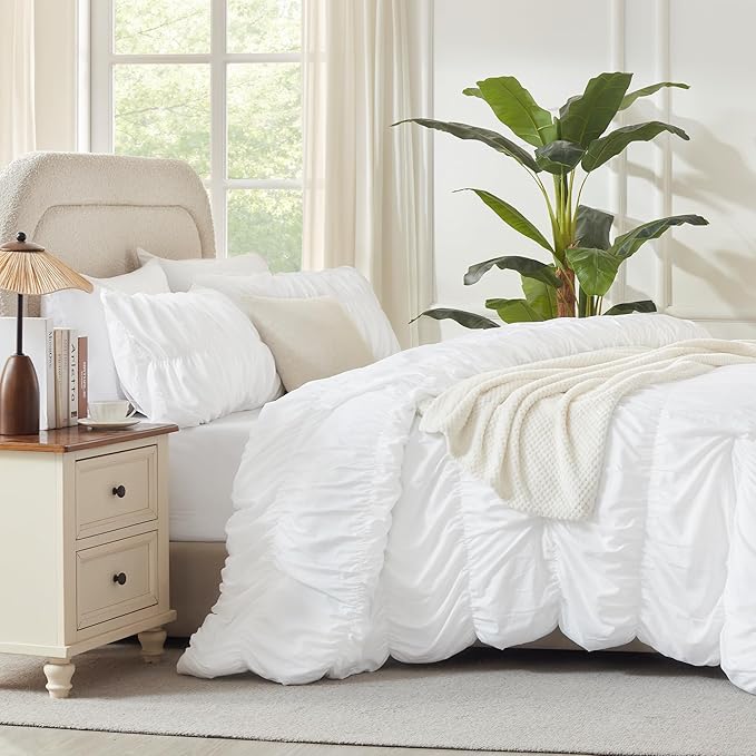Andency Ruched White Full Size Comforter Sets, Shabby Chic Pleatd Bedding Sets 3 Pieces, Lightweight Soft Boho Ruffle Bed Set for Girls, Kids, Women, All Season