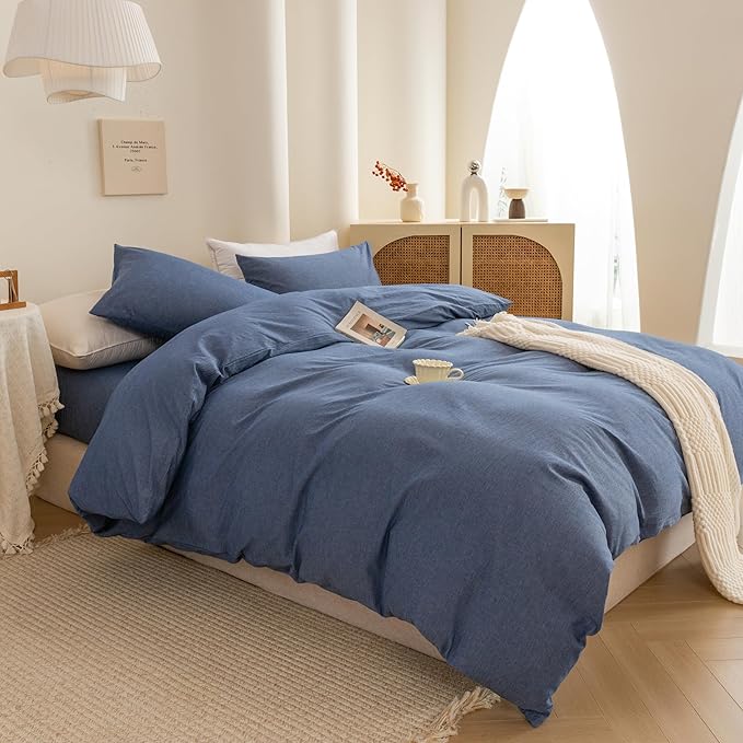 ECOCOTT Denim Blue Duvet Cover Queen Size, 100% Washed Cotton 1 Duvet Cover with Zipper and 2 Pillowcases, Ultra Soft and Easy Care Breathable Cozy Bedding Set (Denim Blue, Queen)