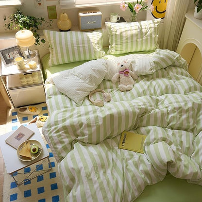 EAVD Green Striped Duvet Cover Twin XL Soft Washed Microfiber Chic Vertical Striped Bedding Set with 2 Pillowcases Reversible Farmhouse Geometric Duvet Cover with Zipper Closure