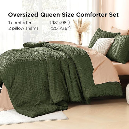 Litanika Oversized Queen Comforter Olive Green, 3 Pieces Tufted Boho Farmhouse Bedding Comforter Set, Lightweight Fluffy All Season Comforter Set (98x98In Comforter & 2 Pillowcases)