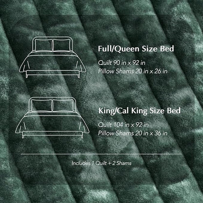 EVERGRACE Velvet Quilt Set Queen Size, Luxurious Soft Striped Channel Bedding Set, Lightweight Velvet Comforter for All Season, Oversized Bedspread Coverlet with 2 Matching Shams, Pine Green