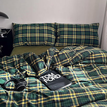 MKXI Twin XL Size Forest Green & Mustard Yellow Plaid Duvet Cover Set, 3 Piece All Season Washed Cotton Bedding, Vintage Preppy Style Rustic Outdoor Bed Set with Zipper Closure & Corner Ties