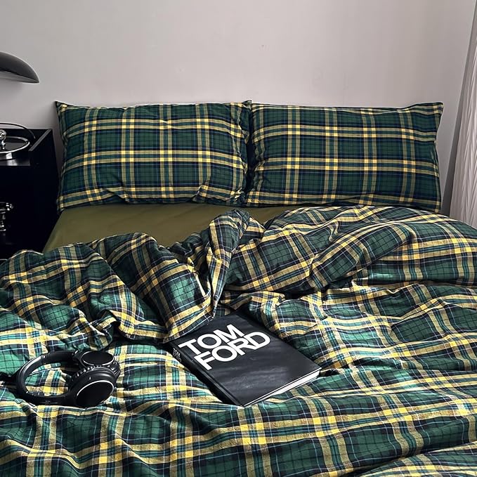 MKXI Twin Size Forest Green & Mustard Yellow Plaid Duvet Cover Set, 3 Piece All Season Washed Cotton Bedding, Vintage Preppy Style Rustic Outdoor Bed Set with Zipper Closure & Corner Ties