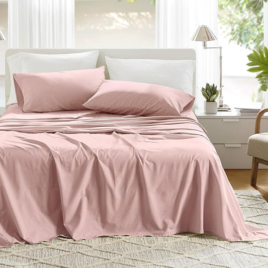 Comfort Spaces 100% Cotton Sheets Queen, Breathable & Ultra Soft Cotton Sheets, Naturally Cool Cotton Bed Sheets with 14" Elastic Pocket Fits up to 16" Mattress, All Seasons Sheet Set, Pink 4 Piece