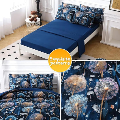 Glow in The Dark Kids Comforter Set, 7 Pieces Blue Dandelion Bedding Set Full Size for Boys Girls Teen, 1 Comforter, 2 Pillowcases, 2 Pillow Shams, 1 Flat Sheet, 1 Fitted Sheet