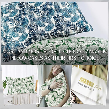 ZIMASILK 100% Pure Mulberry Silk Pillowcase for Hair and Skin Health,Both Sides 19 Momme Silk Floral Print,1pc (King 20''x36'',White Leaves)