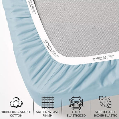 Feather & Stitch 500 TC King Size 4pc Damask Bed Sheet Set, 100% Soft Cotton Breathable Bedsheets, 18" Deep Pockets Sateen Weave Striped Bedding Mattress Resort Hotel Luxury Decor - (Feather Blue)