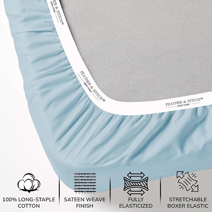 Feather & Stitch 500 TC Full Size 4pc Damask Bed Sheet Set, 100% Soft Cotton Breathable Bedsheets, 18" Deep Pockets Sateen Weave Striped Bedding Mattress Resort Hotel Luxury Decor - (Feather Blue)