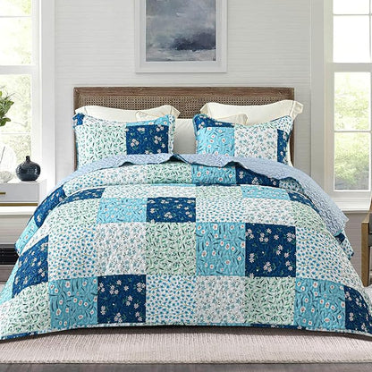 Whale Flotilla Patchwork Quilt Twin Size, Extra Soft Boho Floral Bedspreads for Bed Reversible Lightweight Twin Quilt Bedding Set Printed Coverlets with 1 Pillow Sham for All Seasons, Blue