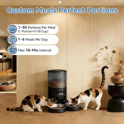 Sweetcrispy Automatic Cat Feeder, 4L Cat Food Dispenser with APP, Black | 2.4G WiFi, Applicable for Dry Food, 16.9 Cups, 10 Meals/Day, 50 Portions/Meal, 10s Voice Recorder, Dual Power Supply