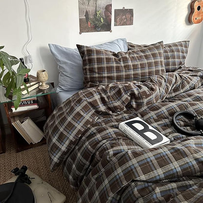 mixinni Vintage Blue & Brown Buffalo Plaid Comforter Set Full Size - 3-Piece Washed Cotton Soft Geometric Checkered Pattern Bedding Set for All-Seasons Lightweight & Breathable-Full Size