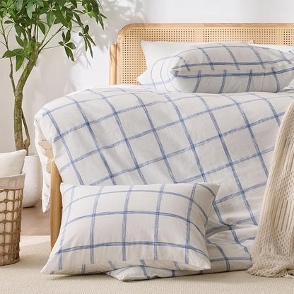 Blue Plaid Twin Duvet Cover, 100% Soft Washed Cotton Twin Size Duvet Cover Set 3 Pieces with Zipper Clousre & Corner Buttons (White/Blue Plaid, Twin 69 x 90)