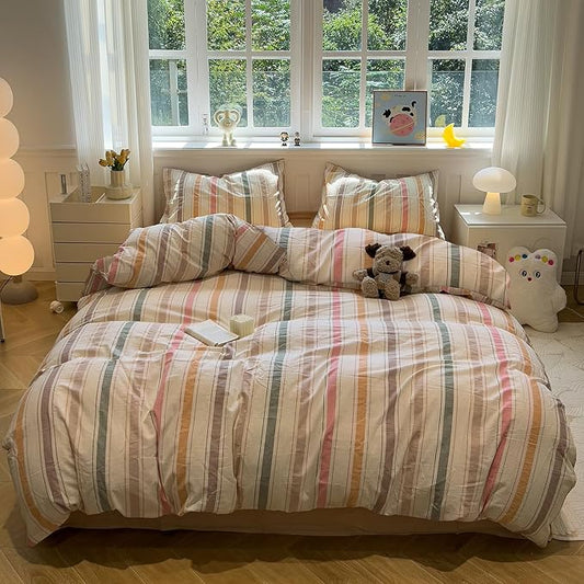 mixinni Vintage Striped Duvet Cover Set Full, 3-Piece 100% Washed Cotton Bedding Set - Soft & Breathable Colorful Comforter Cover with Zipper, All-Season Lightweight Bed Set for Cozy Home