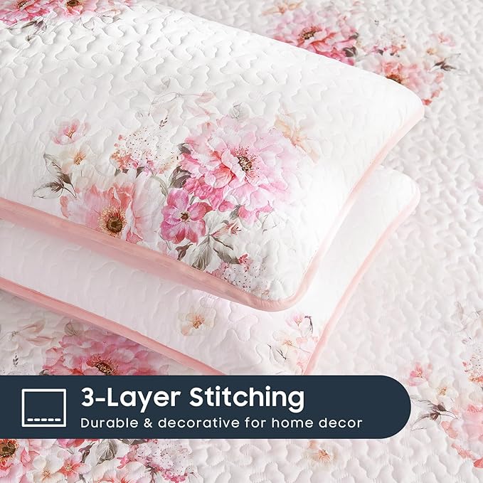 Wake In Cloud - Shabby Chic Quilt Set, Floral Coquette Cottagecore Farmhouse Vintage Flowers, for Women Teen Girls, Reversible Lightweight Bedspread Coverlet, 3 Pieces, White Pink, King Size