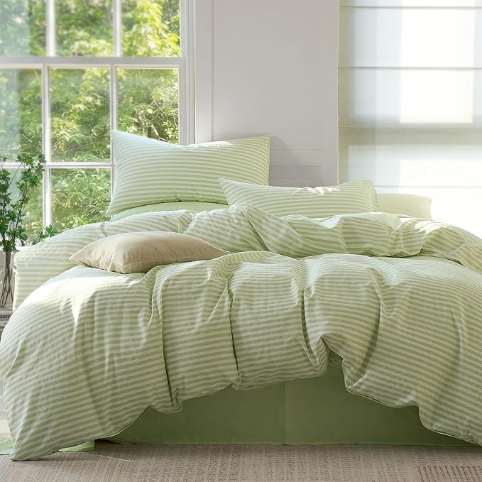 JELLYMONI Striped Duvet Cover Set - Full Size Comforter Cover, Classic Sage Green & White Stripes, 100% Cotton 3 Pcs Bedding with Zipper Closure & 8 Corner Ties for Guest or Teen Room