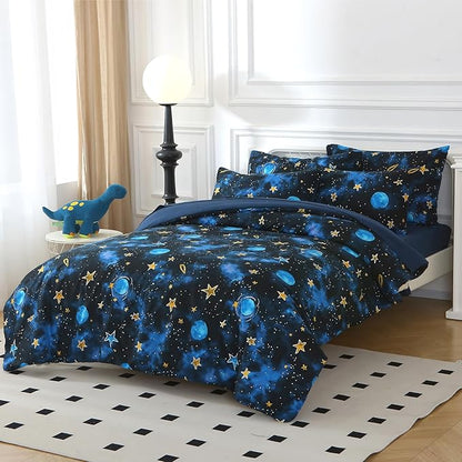 Glow in The Dark Kids Comforter Set, 7 Pieces Blue Space Bedding Set Full Size for Boys Girls Teen, 1 Comforter, 2 Pillowcases, 2 Pillow Shams, 1 Flat Sheet, 1 Fitted Sheet