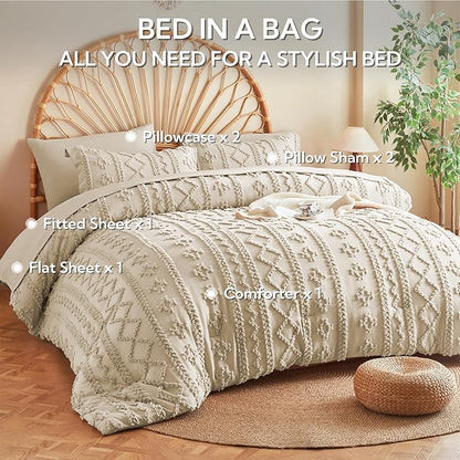 MR&HM Tufted Boho Comforter Set California King, Linen Farmhouse Bedding Set, Bed in a Bag Set 7 Pieces with 1 Comforter, 2 Pillow Shams, 2 Pillowcases, 1 Flat Sheet, 1 Fitted Sheet for All Seasons