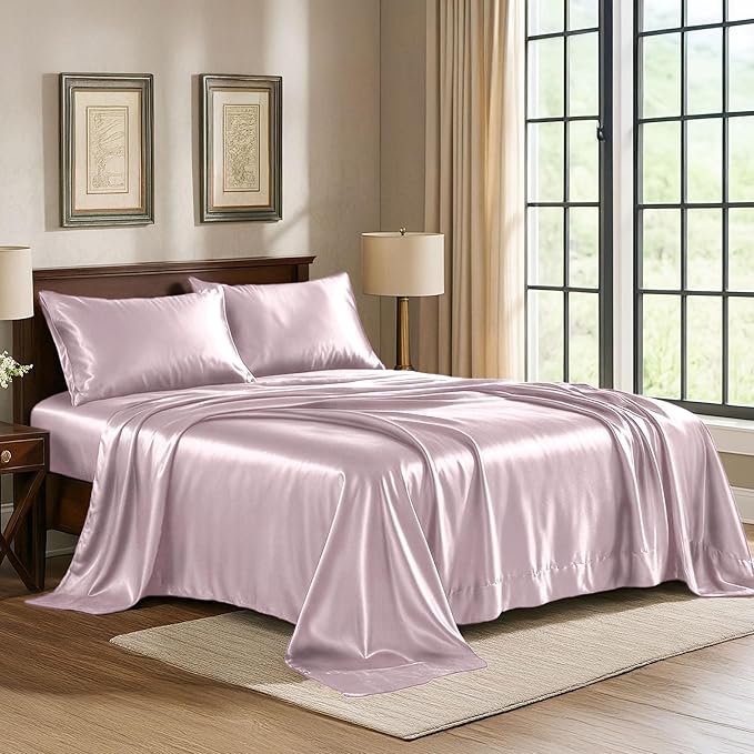 Pure Bedding Satin Sheets Queen [4-Piece, Champagne Pink] Hotel Luxury Silky Bed Sheets - Extra Soft 1800 Microfiber Sheet Set, Wrinkle, Fade, Deep Pocket Fitted Sheet, Flat Sheet, Pillow Cases
