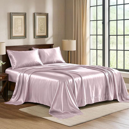 Satin Sheets King [4-Piece, Champagne Pink] Hotel Luxury Silky Bed Sheets - Extra Soft 1800 Microfiber Sheet Set, Wrinkle, Fade, Stain Resistant - Deep Pocket Fitted Sheet, Flat Sheet, Pillow Cases