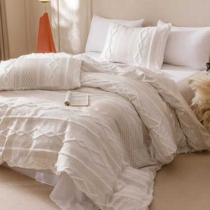CLOTHKNOW Ivory Bohemian Queen Comforter Set Jacquard Stripes Bedding Comforter Sets Farmhouse White Comforters with 2 x Pillow Cases