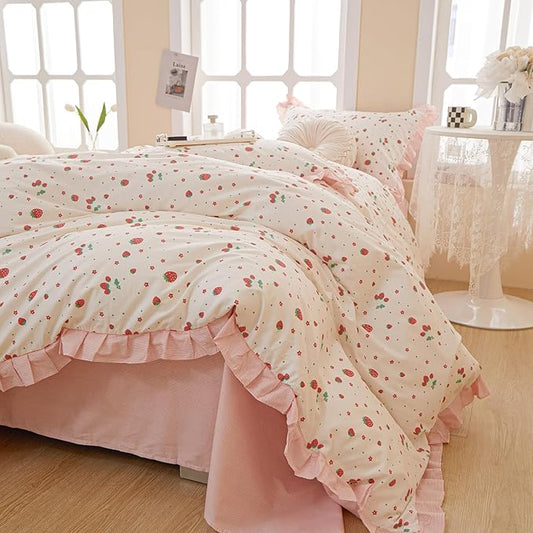 HighBuy Strawberry Comforter Set King Size Pink and White Ruffled Bedding Comforter with 2 Pillowcases Kawaii Reversible Striped Comforter Set Lightweight and Cozy for College Girl