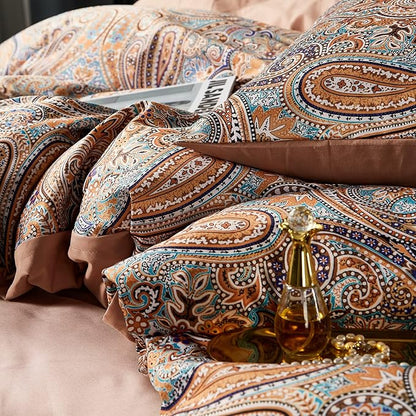 Gold Duvet Cover Set,5 PCS Medallion Paisley Print Comforter Cover Set,Bohemian Pattern Bedding Set,Vintage Style Flower Duvet Cover,Soft Reversible Design(Paisley,Queen)